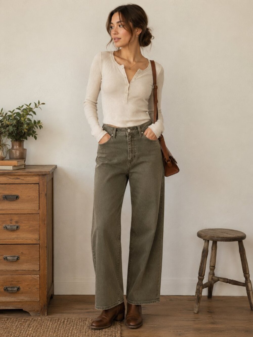 High-Waist Wide Leg Jeans in Olive for Women